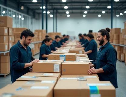 Fulfillment center with staff preparing parcels for dispatch