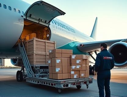 SwiftParcel staff loading packages onto international flight