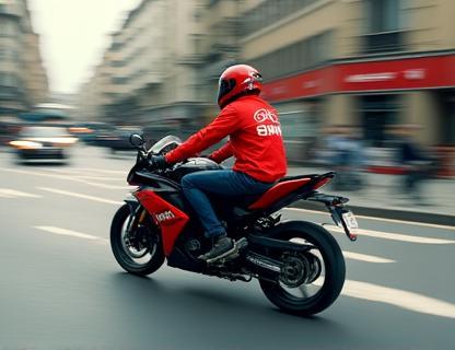 Motorbike courier navigating city streets for a same-day delivery